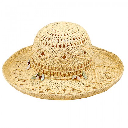Wide Brim Crochet Toyo Straw Accent Hats – 12 PCS w/ Beaded Band - Natural - HT-8202NT